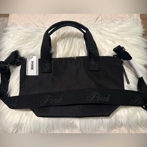 PINK Victoria's Secret Black Mini  Nylon Tote with Logo Strap